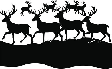Silhouette of a reindeer herd gracefully crossing a vast snowy plain isolated on white background isolated on transparent background