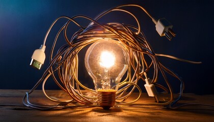 tangled charging cables engulf a flickering light bulb against a dark moody backdrop