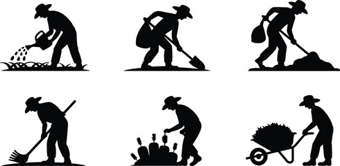 Silhouettes of a farmer engaged in various gardening and farming activities