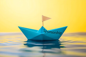 Blue paper boat with sponsorship text sailing on water
