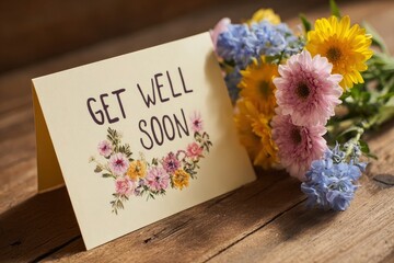A Get Well Soon card stands on a wooden surface next to a bouquet of colorful flowers
