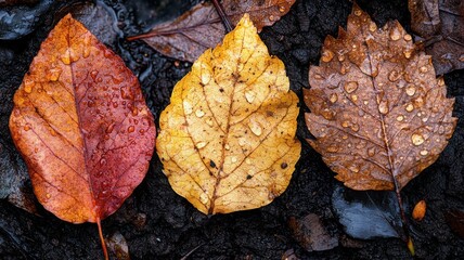 Textured flat lay of a forest floor with autumn leaves after rain, in shades of golden, crimson, and burnt sienna. Autumn