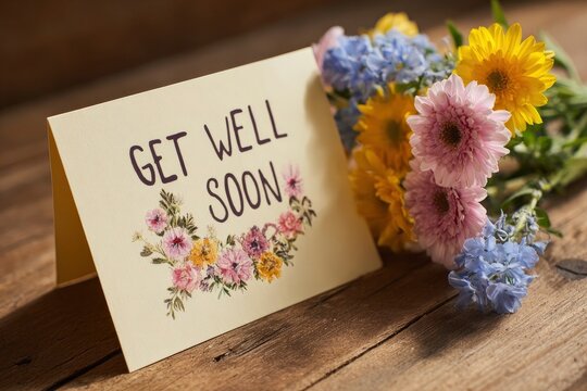 A Get Well Soon card stands on a wooden surface next to a bouquet of colorful flowers