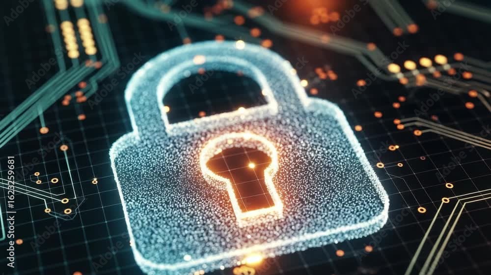 Poster a glowing digital lock symbolizing cybersecurity and data protection set against a backdrop of circu