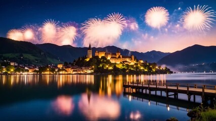 Castle by lake at night with fireworks - Powered by Adobe