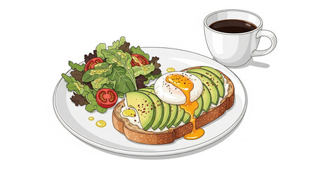 Stylized illustration of a healthy breakfast plate featuring avocado toast with a runny poached egg fresh salad and a cup of black coffee.