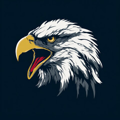 Illustration of an angry bald eagle head with open beak on dark background