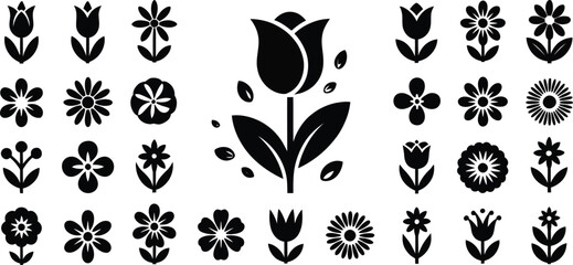 Collection of black and white floral silhouettes and folk art flower designs