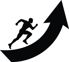 Black silhouette of a runner on an upward trending arrow