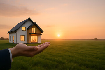 Dream home investment real estate agent property sunset field concept