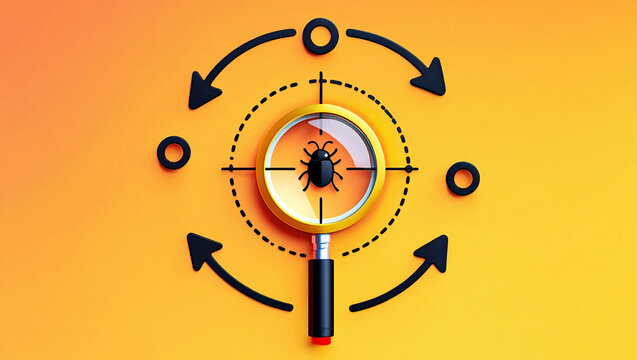 Bug detection through magnifying glass with target and arrows image - Powered by Adobe