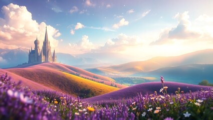 Fairytale castle on a hill overlooking a vibrant purple flower field at sunset