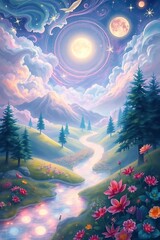 Enchanting surreal landscape with glowing river and celestial sky
