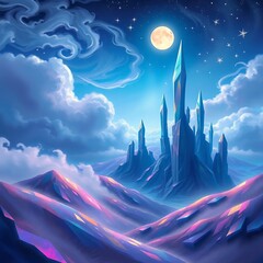 Enchanting fantasy castle on a moonlit night with glowing purple mountains