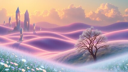 Dreamlike fantasy landscape with glowing hills and futuristic towers at sunrise