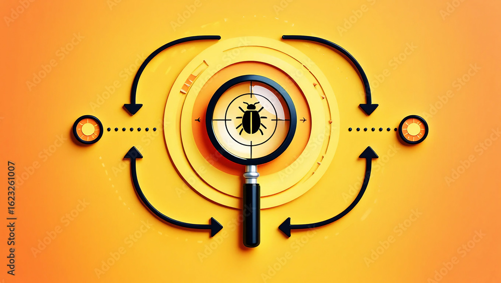 Poster bug detection through magnifying glass with circular arrows search