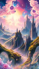 Enchanting fantasy landscape with castles and vibrant sky