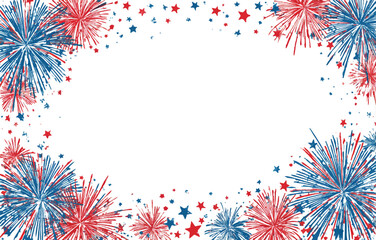 Patriotic Red and Blue Fireworks and Stars Frame with White Space for Text Independence Day Celebration