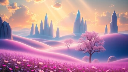 Enchanting fantasy landscape with glowing spires and a pink blooming tree
