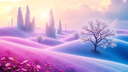 Whimsical fantasy landscape with rolling hills and mystical trees at sunrise