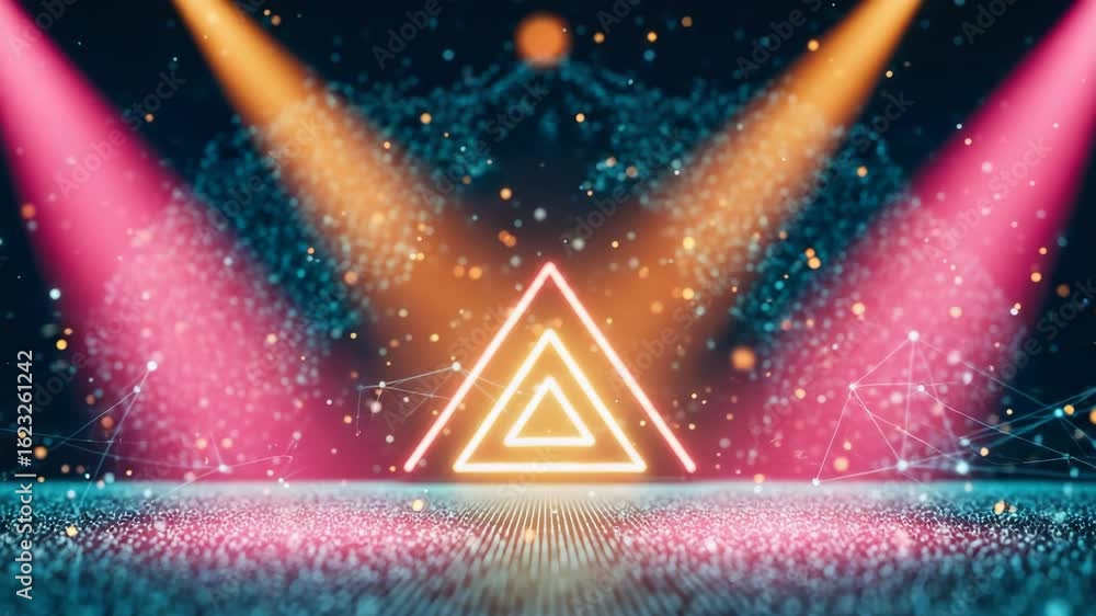 Poster a vibrant stage setup featuring a glowing triangular shape illuminated by colorful lights set agains