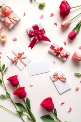 Beautifully wrapped gifts and red roses for a special occasion