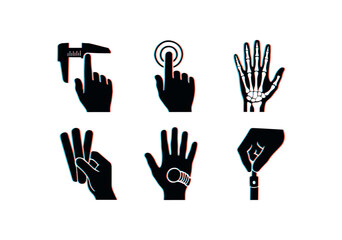 six different glitch effect illustration isolated on white backgorund fingers joint flexometer fingers touch interface fingers phalange model fingers nail file kit fingers ring sizer