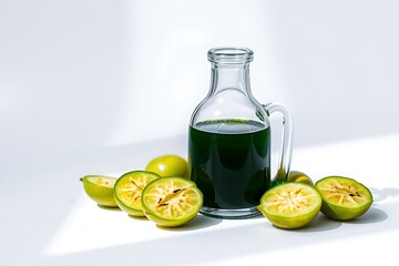 Green liquid in a glass bottle surrounded by sliced limes