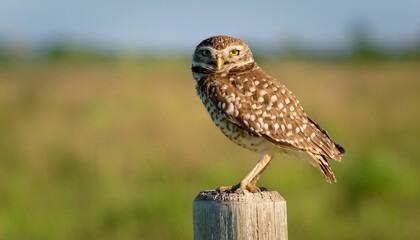Fototapeta premium charming burrowing owl athene cunicularia perched on a pole in natural surroundings