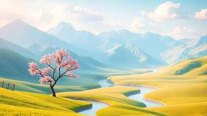 Serene mountain landscape with blooming cherry blossom tree and winding river