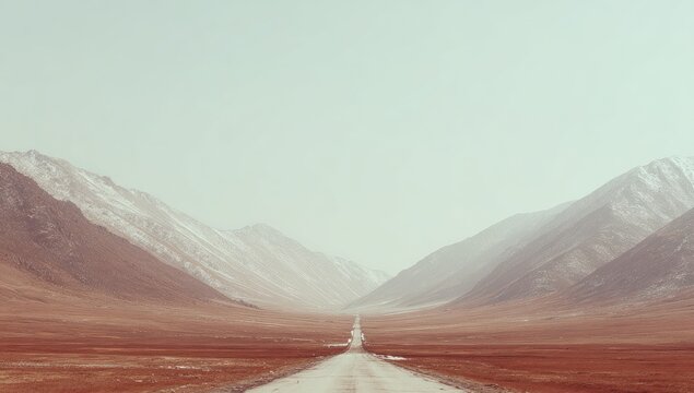 A long, dusty road stretches between snow-capped mountains.  A vast,  terracotta-colored plain.  Pale sky