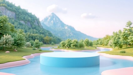 Serene mountain landscape with circular platform on water