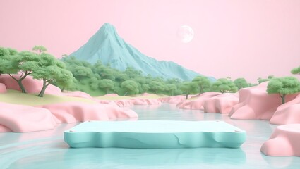 Pastel dreamscape with floating platform and mountain scenery