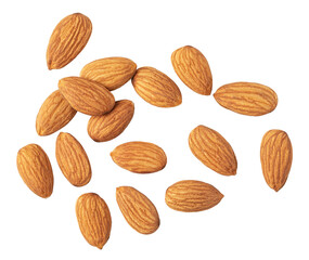 Many almonds falling on transparent background