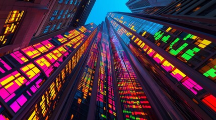 Low angle view of modern skyscrapers with abstract colorful reflections