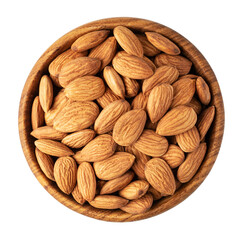 Shelled almonds filling a wooden bowl on transparent background