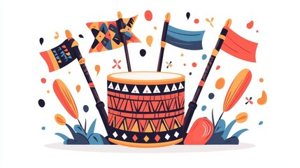 A vibrant drum surrounded by colorful flags and flowers, celebrating cultural heritage and artistic expression.