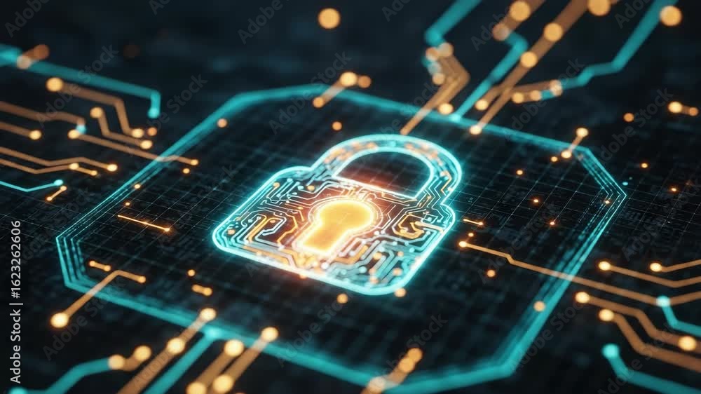 Poster a vibrant digital illustration of a glowing padlock symbolizing cybersecurity surrounded by intricat