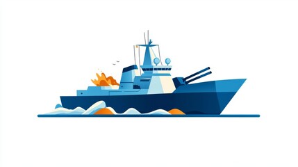Fototapeta premium A stylized illustration of a naval ship navigating through turbulent waters, showcasing maritime strength and power.