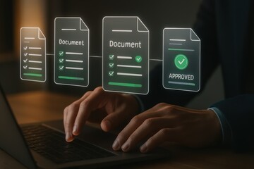 User managing document approval workflow with checklist icons, review stages, and final approval status
