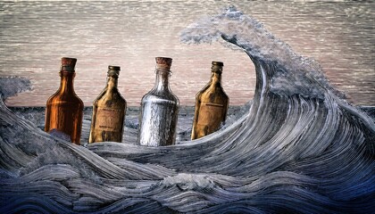 vintage engravings of bottles in waves and water environment