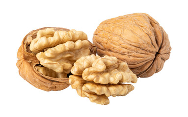 Walnuts showing the whole fruit, the opened shell and the seed on transparent background