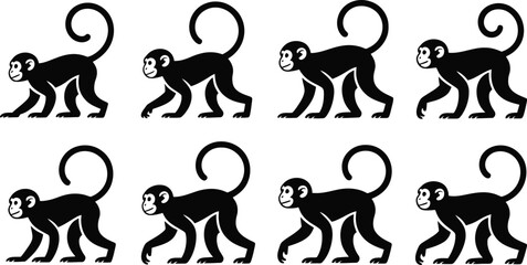 Eight silhouettes of monkeys walking in a row
