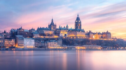 Fototapeta premium Cityscape at twilight, illuminated buildings along a river.