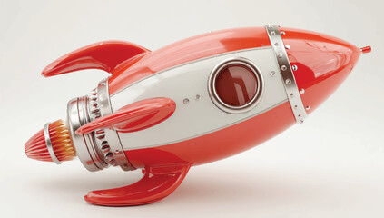 Retro style red and white rocket ship on a white background symbolizing innovation and future technology