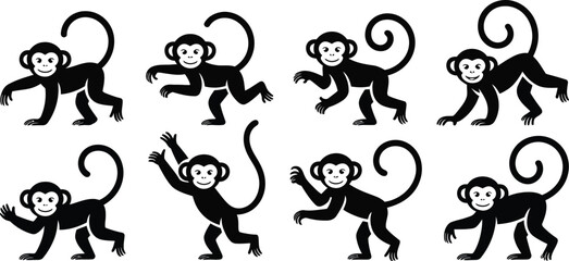 Collection of eight cartoon monkeys in various playful poses
