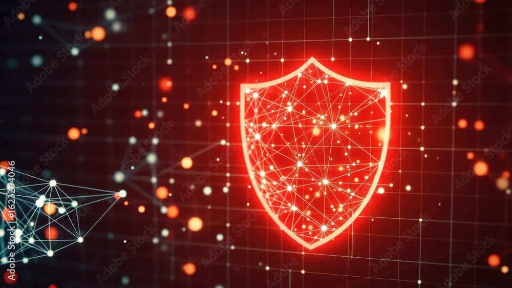 Poster a glowing red shield symbolizing cybersecurity protection against digital threats set against a dark