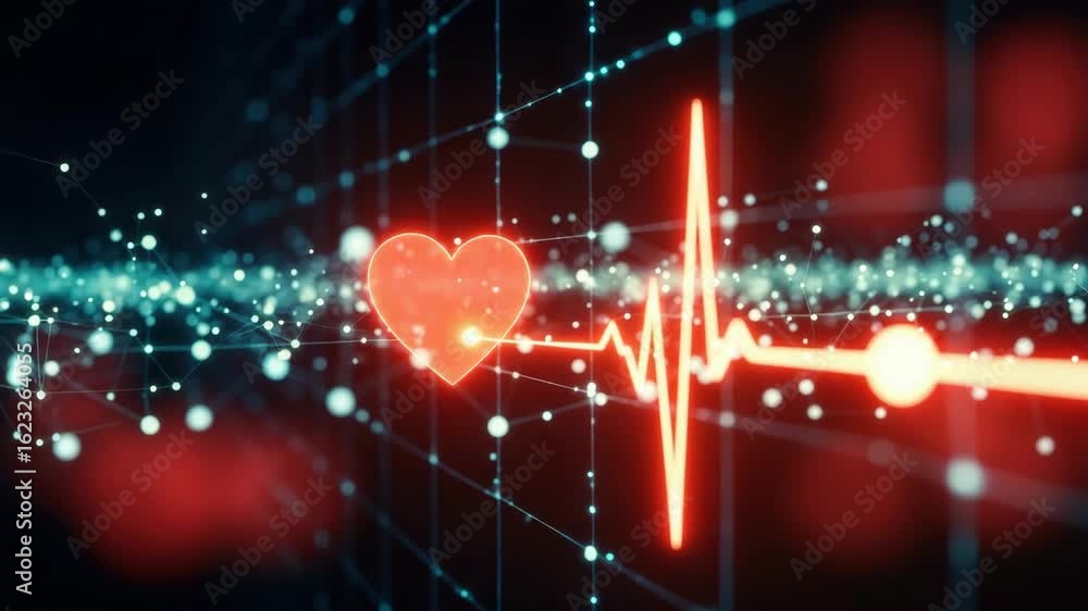 Poster a vibrant digital representation of a heartbeat line with a glowing heart symbol set against a dark 
