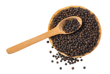 Plakat Wooden spoon resting on black peppercorns in bowl with transparent background