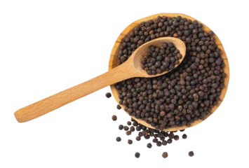  Wooden spoon resting on black peppercorns in bowl with transparent background © Gresei